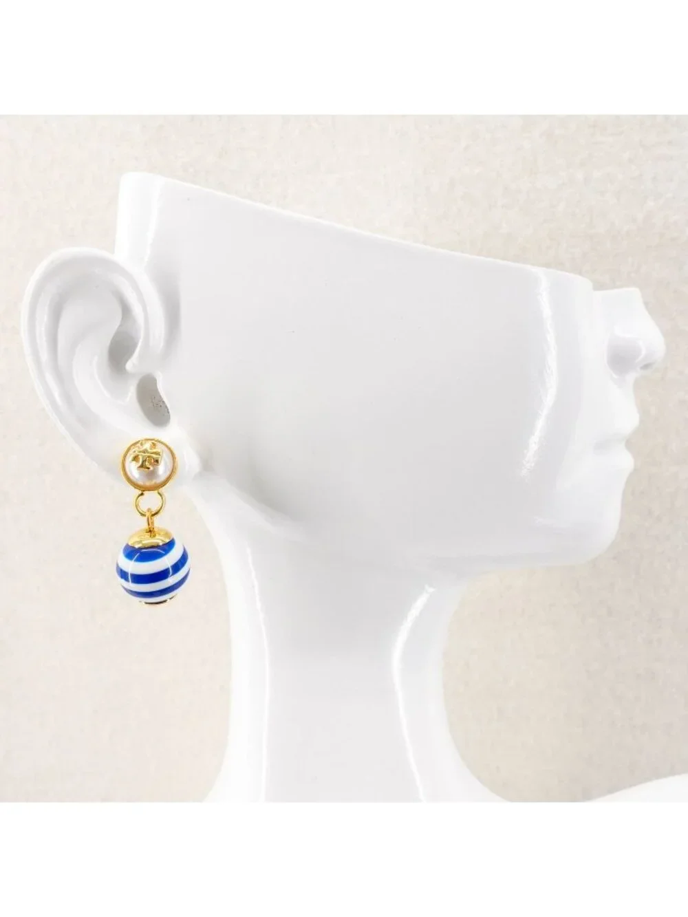 Tory Burch Saher Logo Drop Earrings Blue and White OS